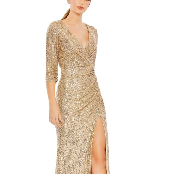 MAC DUGGAL 42015 SEQUINED DRAPED 3/4 SLEEVE LIGHT GOLD GOWN sz 16 - Picture 1 of 6